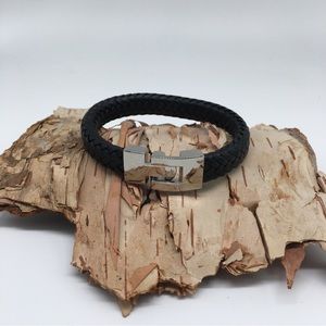 Men’s Black Woven Leather Bracelet with Stainless Steel Clasp.